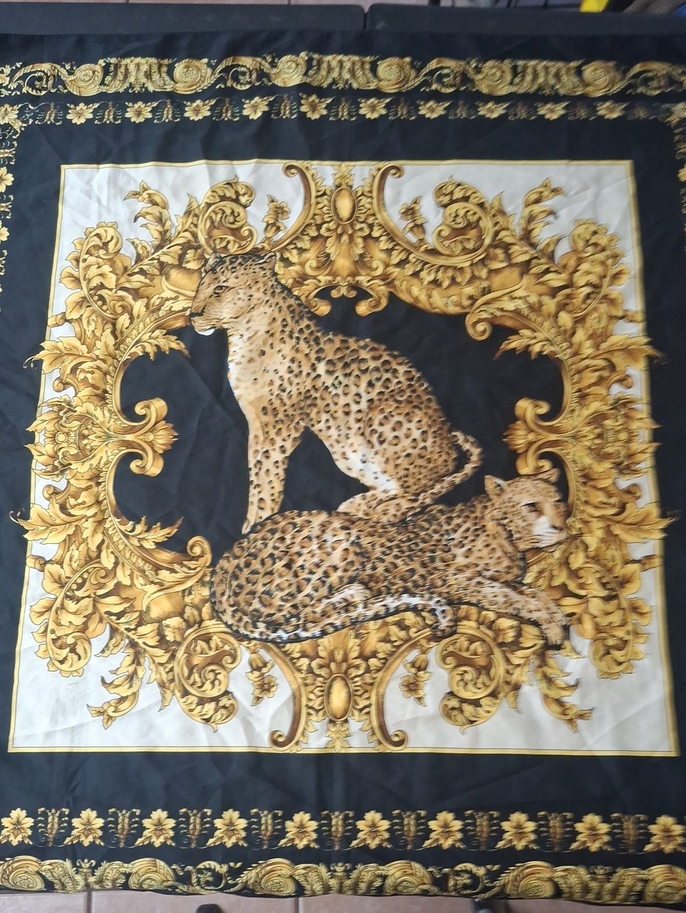 Vintage Italian Baroque Leopard Scarf Black Gold 34.5x34.5